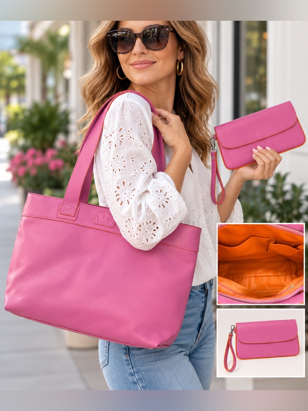 BAEKGAARD Pink Tote + Matching Wristlet Orange Interior